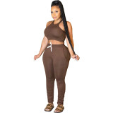 Women's Fashion Solid Color Sleeveless Sports Casual Two Piece Pants Set