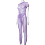 Women's Solid Patchwork Short Sleeve Bodysuit Cutout Slim Pants mesh Two Piece Set