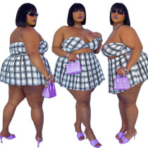 Plus Size Women Casual Plaid Print Top And Skirt Two Piece Set