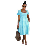 Women Summer Lace-Up Short Sleeve With Backside Bow Knot Midi Dress