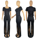 Summer women's short-sleeved square-neck tops, combed trousers, solid color two-piece set