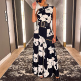 Women Summer Stand Collar Printing Jumpsuit