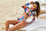 Women Printed Bikini Long Sleeve Zip Swimsuit Three Piece