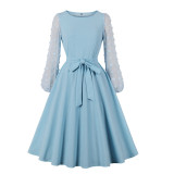 Women Vintage Solid With Belt Elegant Long-Sleeve Dress