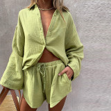 Summer Women Casual Loose Long Sleeve Shirt + Shorts Two Piece Set