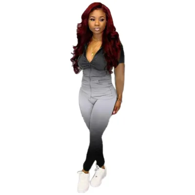 Women Hooded Short Sleeve With Gradient Zip Pockets Top And Pant Two-Piece