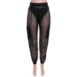 spring summer style casual see-through Mesh high waisted large pocket slim fit sporty casual pants