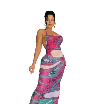 Summer Dress Positioning Print Mesh Dress halter neck low back Breathable Dress