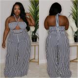 Sexy plus size black and white strip two-piece nightclub suit