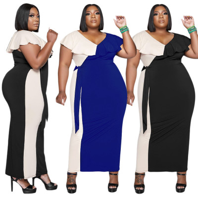 Plus Size Women Casual Ruffle Colorblock Sleeveless Maxi Dress