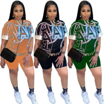 Women's Summer Fashion Casual Short Sleeve Positioning Print T-shit Shorts Two Piece Set