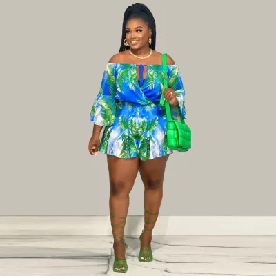 Sexy Off Shoulder Flare Sleeve Print Loose Playsuit
