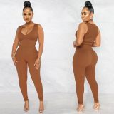 Fashion Casual Tight Fitting Solid V-Neck Sleeveless Trousers Two Piece Women's Set
