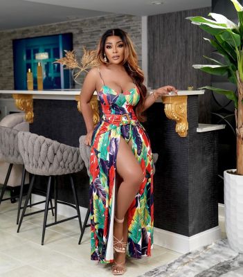 Women Summer Sexy Halter Print Long Slit Dress