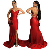 Summer Women's Sexy Strap Solid V-neck Halter Lace-up Backless Party Evening Dress