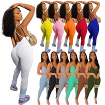 Women's Spring/Summer Solid Color Straps Backless Slim Fitted Rib Sports Jumpsuit