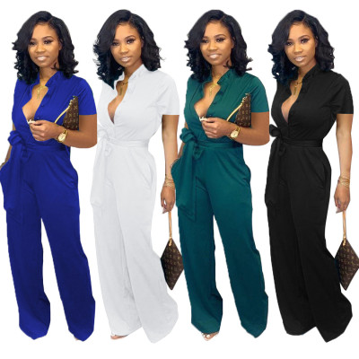 Summer women's sexy solid color button up short sleeve Jumpsuit with belt