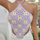 Summer Contrast Floral Embroidered Halter Neck Backless Sexy Straps Top