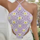 Summer Contrast Floral Embroidered Halter Neck Backless Sexy Straps Top