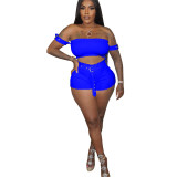 Women's Solid Color Off Shoulder Ribbed Crop Two-Piece Shorts Set with Belt