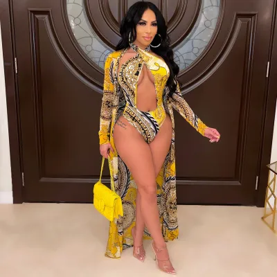 Women's Fashion Sexy Printed Long Sleeve Shawl Swimsuit Two Piece Women