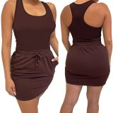 Sexy Solid Color Tank Top Drawstring Skirt Casual two Piece Set