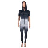 Women Hooded Short Sleeve With Gradient Zip Pockets Top And Pant Two-Piece