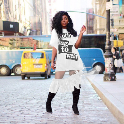Women's Nightclub Fashion T-Shirt Letter Mesh Tank Top Skirt Two Piece Set