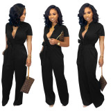 Summer women's sexy solid color button up short sleeve Jumpsuit with belt