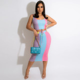 Sexy Fashion Color Print Sleeveless Two Piece Nightclub Skirt Set