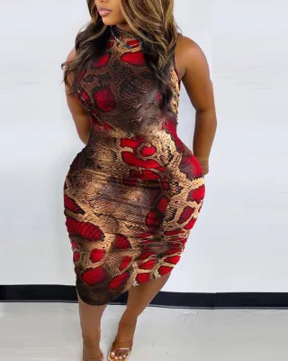 Plus Size Women Summer Vintage Print Slim Dress