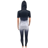 Women Hooded Short Sleeve With Gradient Zip Pockets Top And Pant Two-Piece