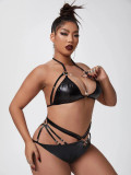 Plus Size Sexy Erotic Leather Chain Bra and Panty Bikini Lingerie Set