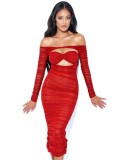 Summer Women Sexy Mesh Hollow Out See Through Pleated Off-Shoulder Bodycon Dress