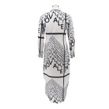 Women Letter Irregular Print Turndown Collar Long Sleeve Maxi Dress