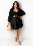 Summer Chic Mid Waist Skirt Beauty Vintage Chic Long Sleeve Solid Strapless Puff Sleeve Dress