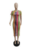 Women's Printed Striped Short Sleeve Dress with Side Splits