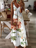 Sleeveless Slim Fit Flower Print Low Cut V-Neck Sling Long Dress