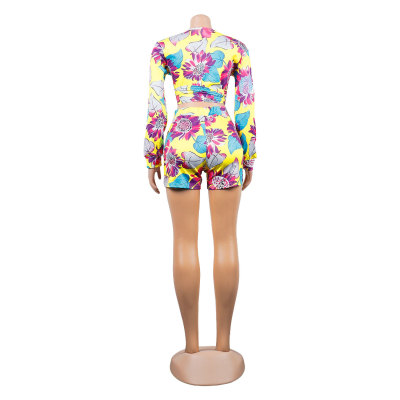 Women Casual printed long sleeve top and shorts two piece set