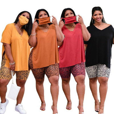 Plus Size Women's Fashion Casual Slit T-Shirt Leopard Shorts Two Piece Set