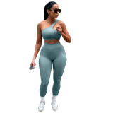 Women'S Fashion Sport Suit Solid Color Single Slash Shoulder Vest Yoga Pants Two Piece Set