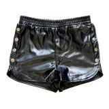 Side Buttons Pu Leather Shorts High Waist Solid Color Slit Shorts