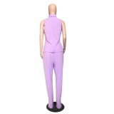 Women Plain Sleeveless Top+Casual Trousers Two-Piece Set