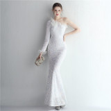 Women Sequin Craft Yarn One Shoulder Long Sleeve Sequin Long Fishtail Evening Dress