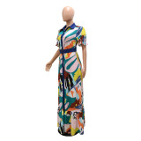 Women fashion print V-neck button Patchwork dress with belt