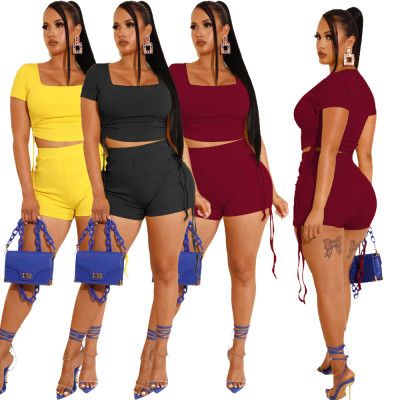 Women'S Clothing Summer Solid Color Fashion Drawstring Casual Shorts Two Piece Set
