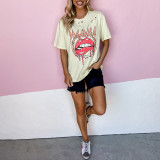 Summer Lips Letter Print Short Sleeve Ripped Loose Casual T-Shirt Women