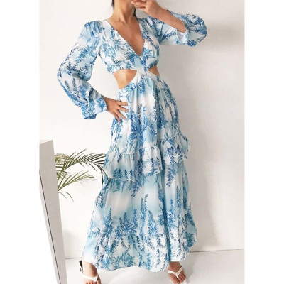 Women Deep V Neck Hollow Out Printed Long Sleeve Layered Dress