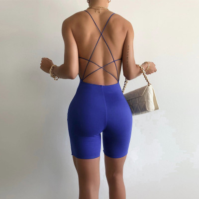 Women'S Summer Solid Color Straps Backless Slim Fit Jumpsuit