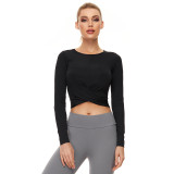 Tight Fitting Yoga Top Round Neck Sexy Crop Quick Dry Gym Solid Color Running Yoga Clothes Long Sleeve Women